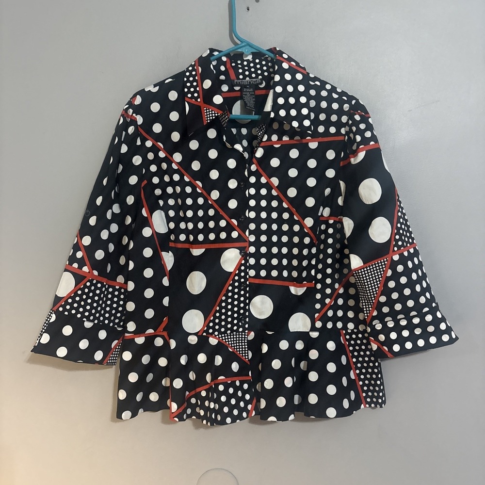Mishca Abstract Print Wearable Art Peplum Top Polka Dots Red Black White Button